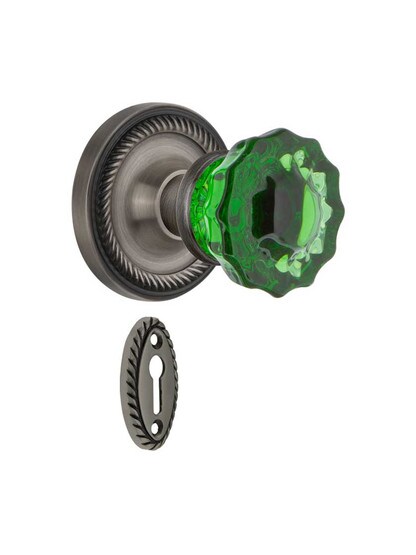 Rope Rosette Mortise Lock Set with Colored Fluted Crystal Glass Knobs Emerald in Antique Pewter.